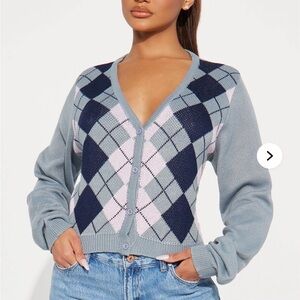 Fashion Nova Argyle Cardigan in Gray and Pink
